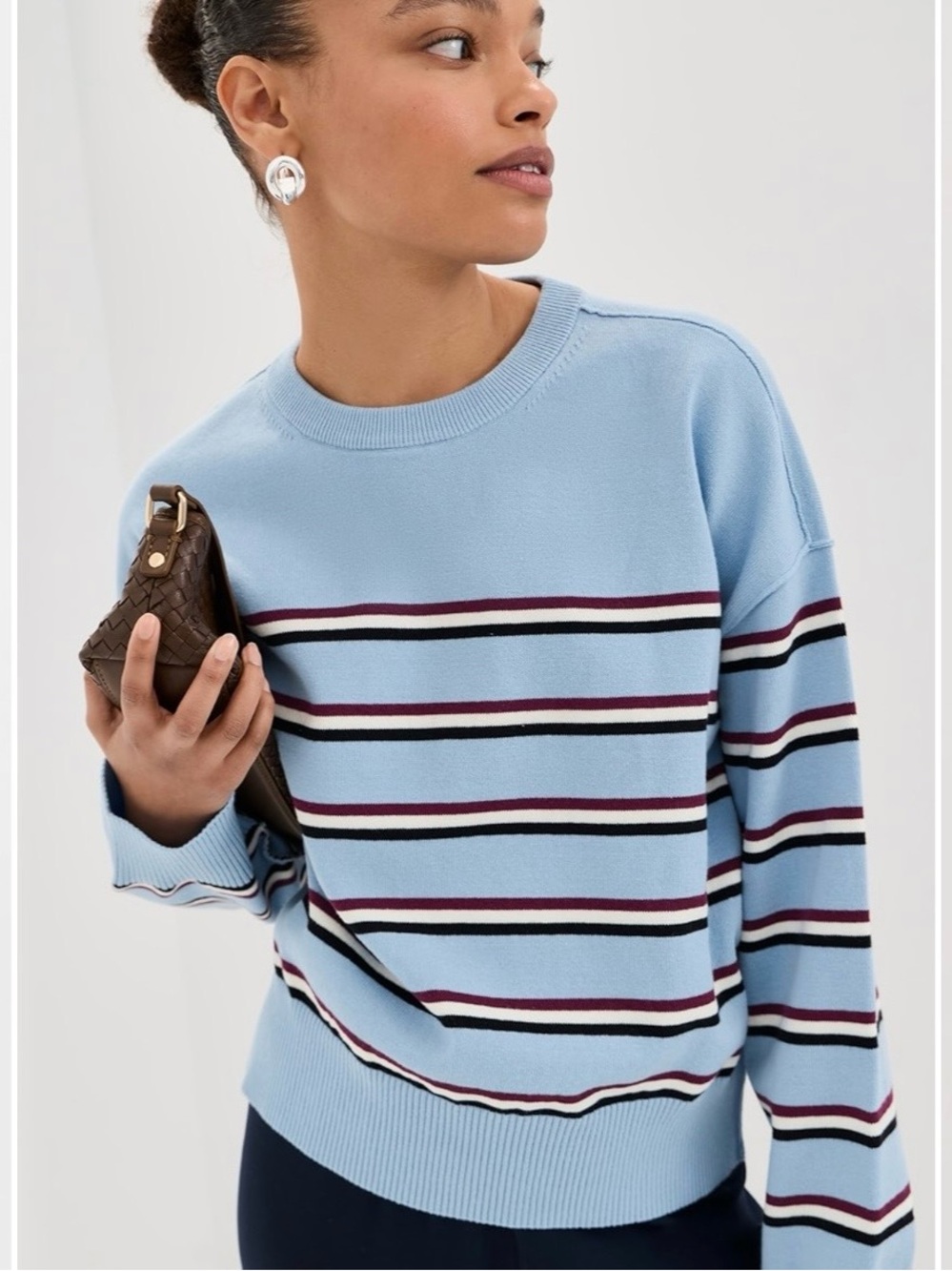LE BOP Striped Boxy Pullover Light Blue Striped Crewneck Sweater XS-S
